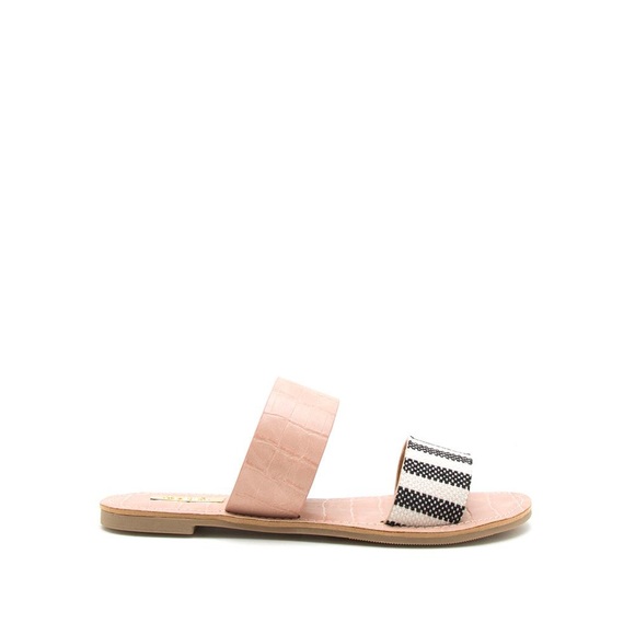 Chic Nude Knit Double Strap Sandals Black & White Stripes Casual Flat Slides - Picture 6 of 8